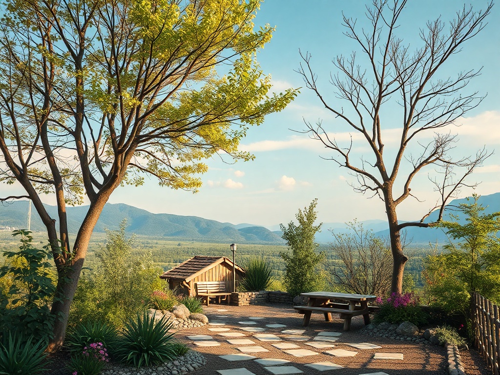 Солнечный пейзаж с деревьями, скамейкой и домиком на фоне гор и открытого неба. Спокойное место для отдыха.