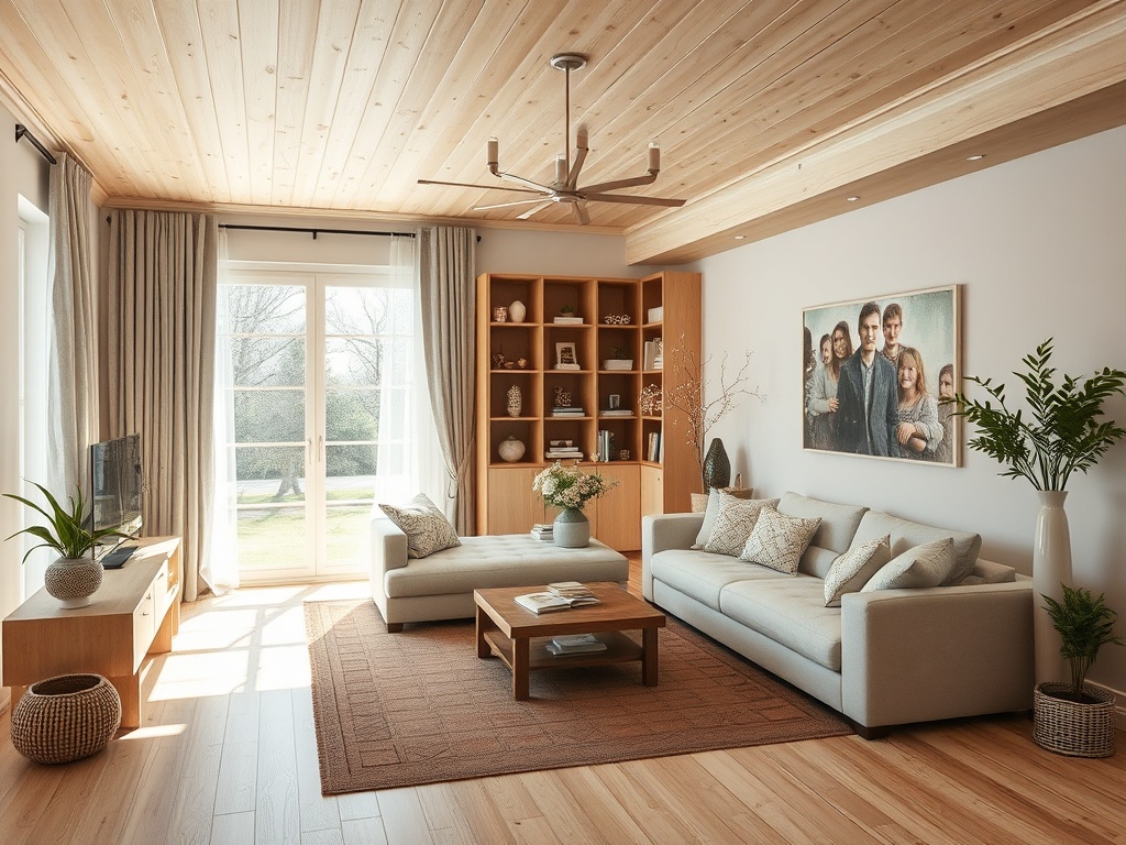 Современная светлая гостиная с мягкой мебелью, книжным шкафом и большим панорамным окном.