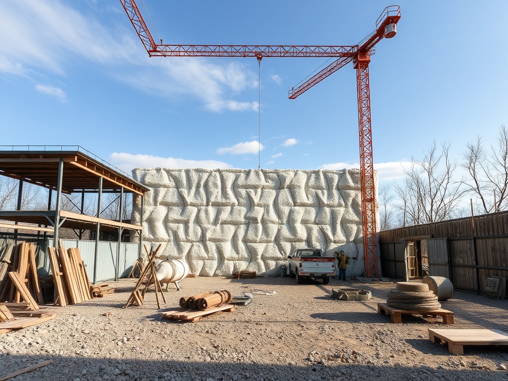 Строительная площадка с подъемным краном, зданием и стеной из материалов на фоне ясного голубого неба.