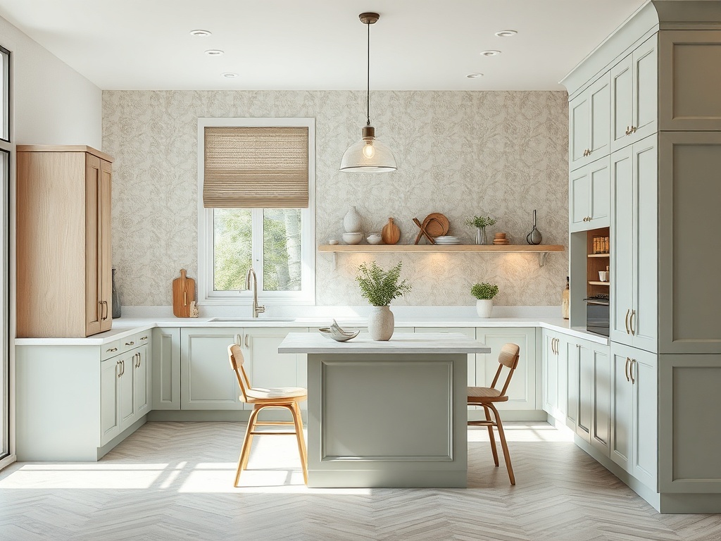 Современная кухня с светлыми фасадами, островом, деревянными элементами и зелеными растениями на столешнице.