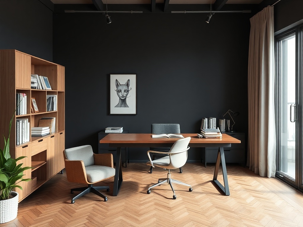 Современный офис с деревянным столом, креслами и книжным шкафом на фоне черной стены.