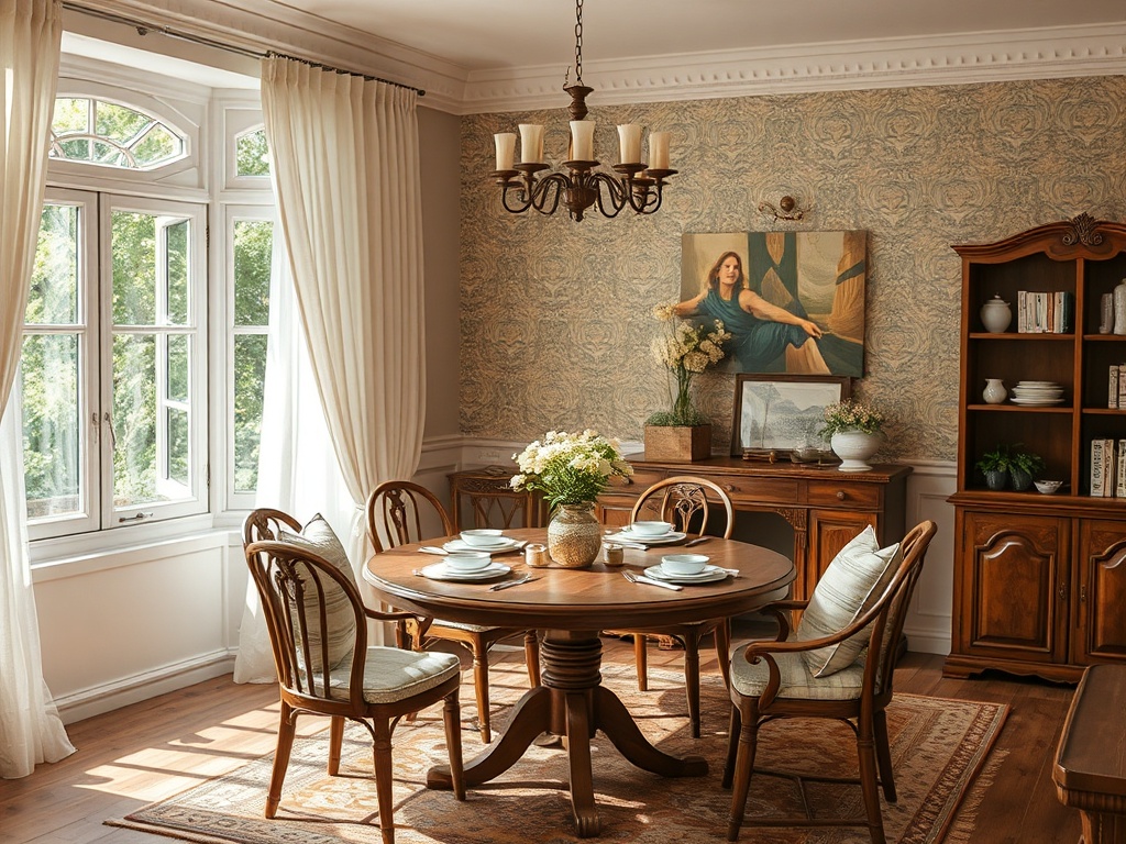 Уютная столовая с круглыми деревянными столом, стульями и светлыми шторами на фоне окна и картины.