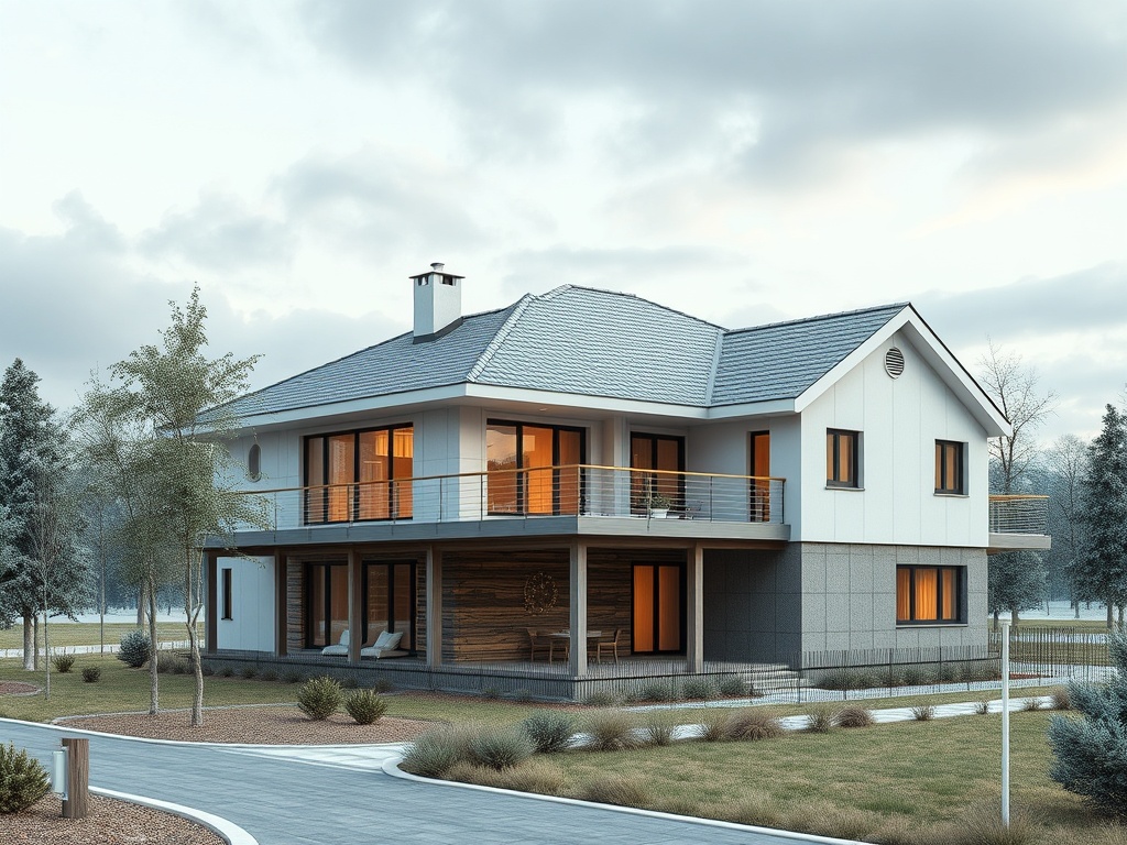 Современный двухэтажный дом с большими окнами и террасой, окружённый зелеными деревьями и ухоженным участком.