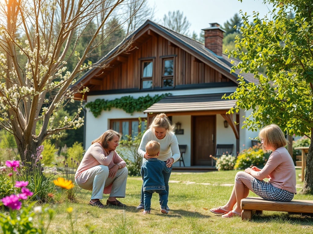 На участке играют три женщины и ребёнок. Весеннее солнечное утро, цветы вокруг дома.