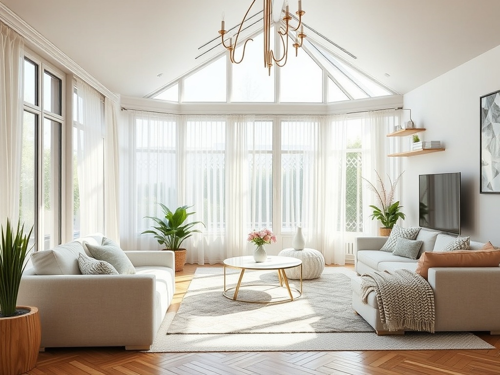 Светлая гостиная с большими окнами, уютной мебелью и зелеными растениями, создающая атмосферу уюта.