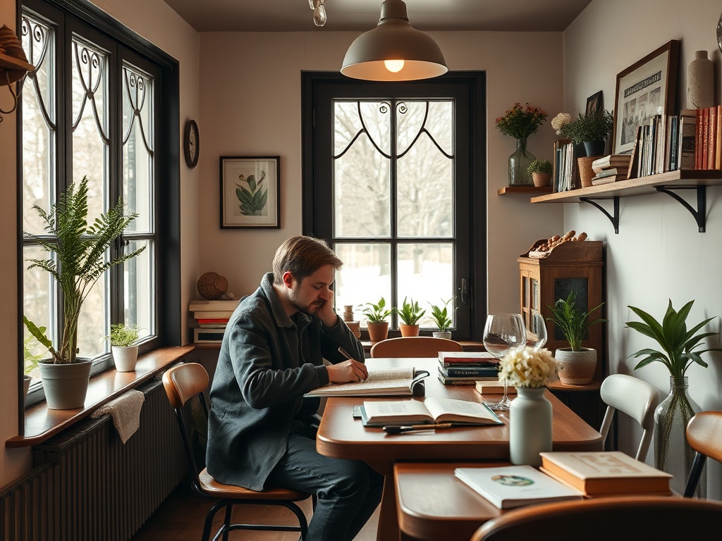 Человек пишет в уютном кафе, окружённый растениями и книгами. За окном видно зимний пейзаж.