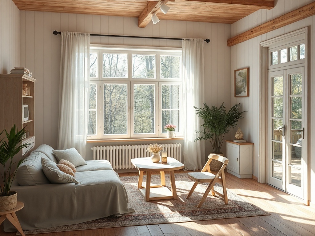 Светлая гостиная с диваном, столиком и растением у окна, выходит на зеленый сад. Уютная атмосфера.