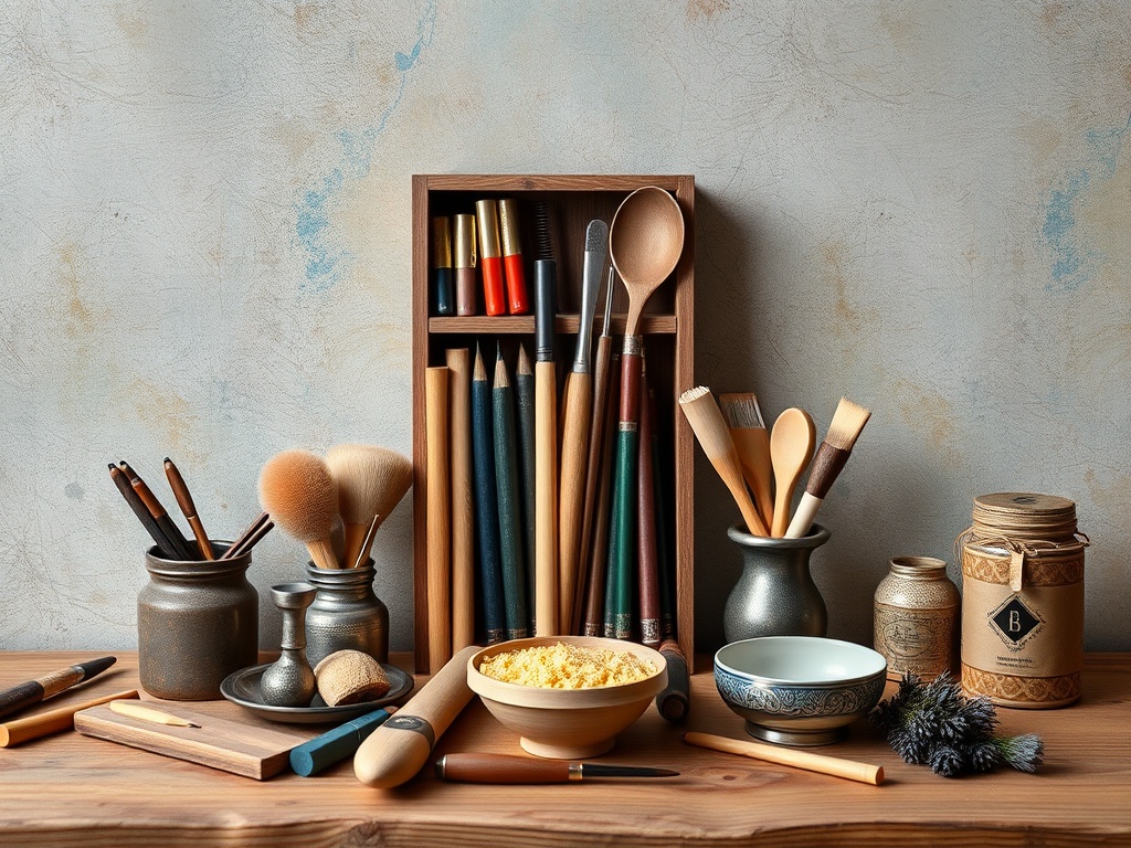 Набор художественных принадлежностей: кисти, карандаши, ложки и банки на деревянном столе.
