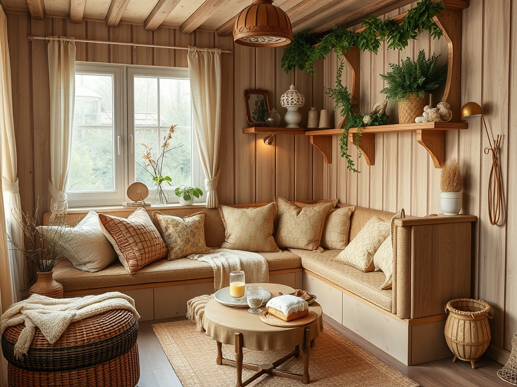 Уютная комната с мягким диваном, декоративными подушками и зелеными растениями на полках. Светлое и теплое освещение.