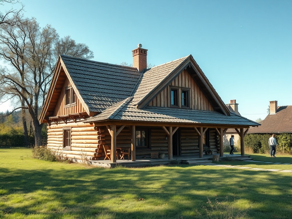 Деревянный дом в загородной местности, окружённый зелёным газоном и деревьями, под ясным небом.