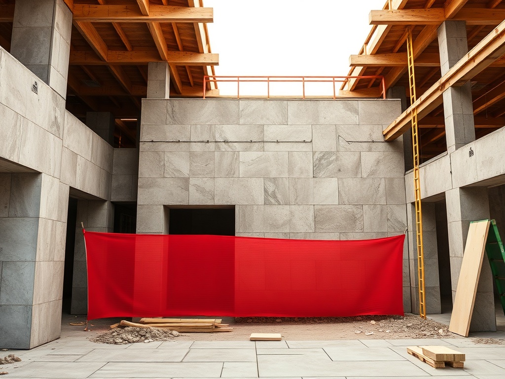 На строительной площадке виден красный баннер на фоне каменных стен и деревянной конструкции.