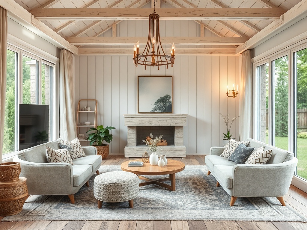 Современный светлый салон с двумя диванами, столом и камином, окружённый большим количеством окон.