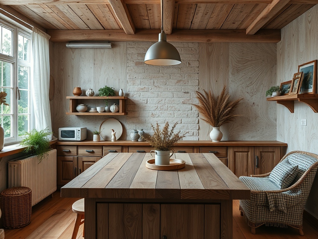 Уютная кухня с деревянными элементами, столом и растениями на полках, окно с видом на природу.
