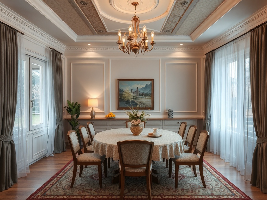 Элегантная столовая с круглым столом, десятью стульями и уютным освещением в классическом стиле.