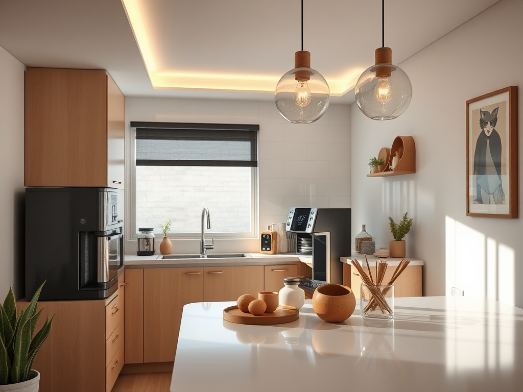 Современная кухня с деревянными шкафами, белым столом и стильной настенной иллюстрацией. Яркое освещение.