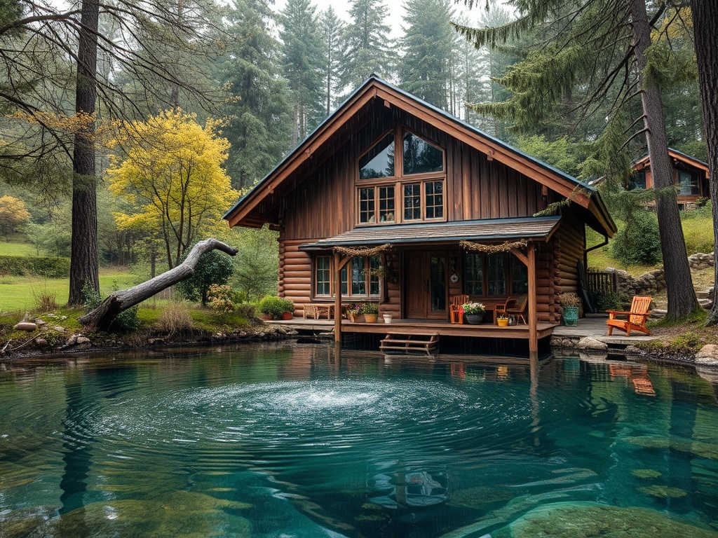 Деревянный дом у спокойного пруда, окруженный зелеными деревьями и желтыми листьями. Тихая природа.