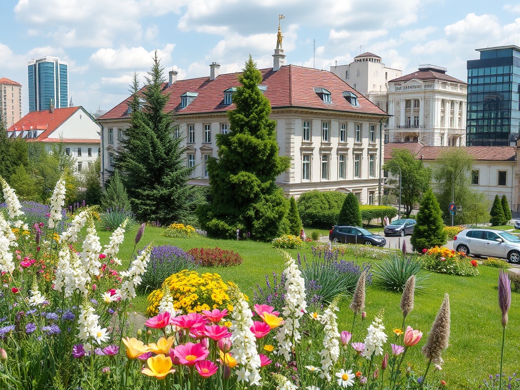 Цветущий парк с яркими цветами на переднем плане и современными зданиями на фоне. Солнечный день.