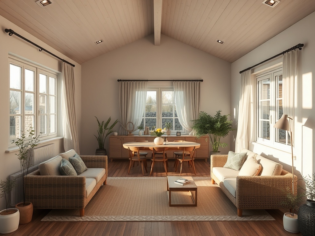 Светлая гостиная с большими окнами, мебелью из дерева и растениями, создающая уютную атмосферу.