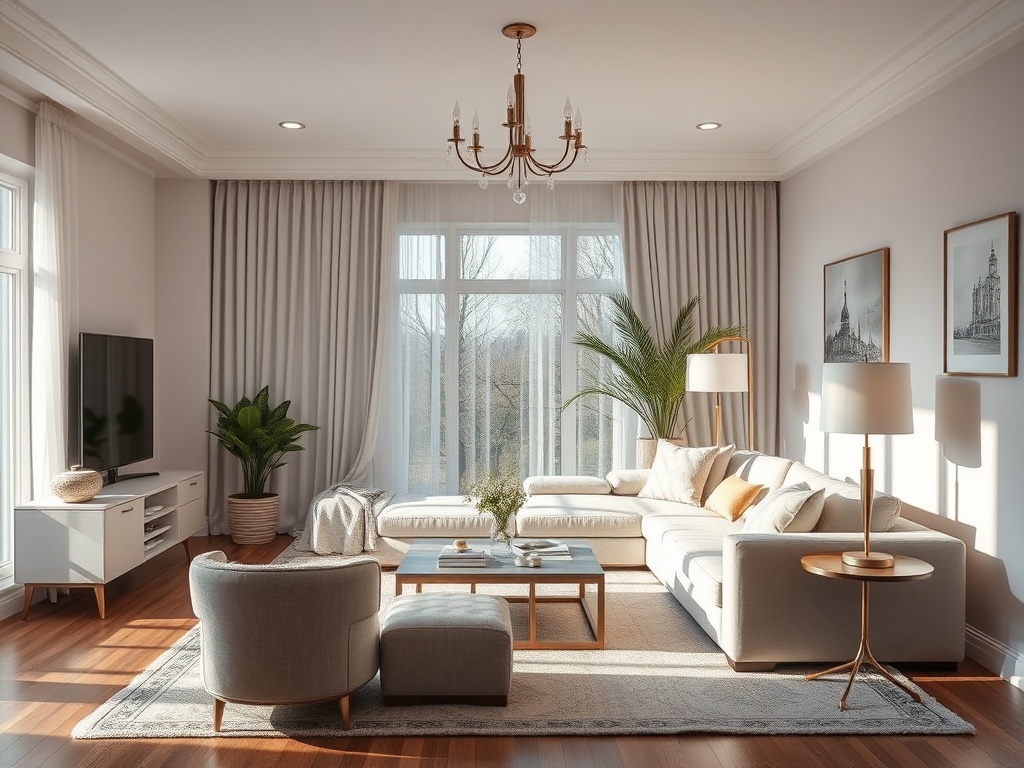 Светлая гостиная с большим диваном, телевизором, растениями и мягким ковром на деревянном полу.