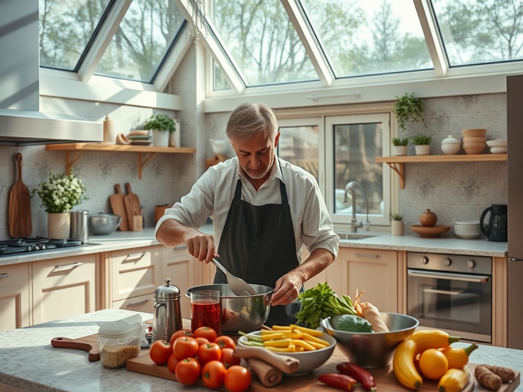 Мужчина готовит на кухне, окруженный свежими овощами и фруктами. Светлое помещение и уютная атмосфера.