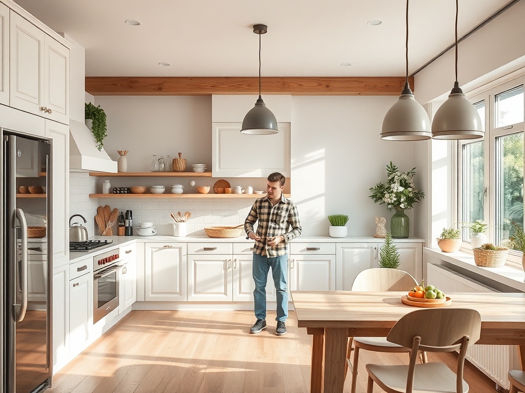 Современная светлая кухня с мужчиной, готовящим еду и окруженным растениями и кухонными принадлежностями.