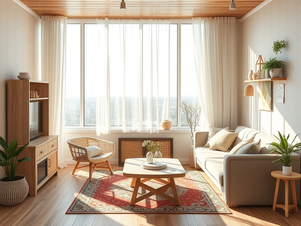 Светлая гостиная с большим окном, уютной мебелью и растениями, создающими атмосферу уюта.