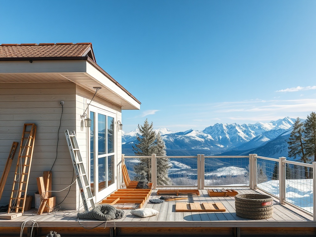 Современный дом с видом на горы. На веранде ведутся строительные работы, много деревянных материалов.