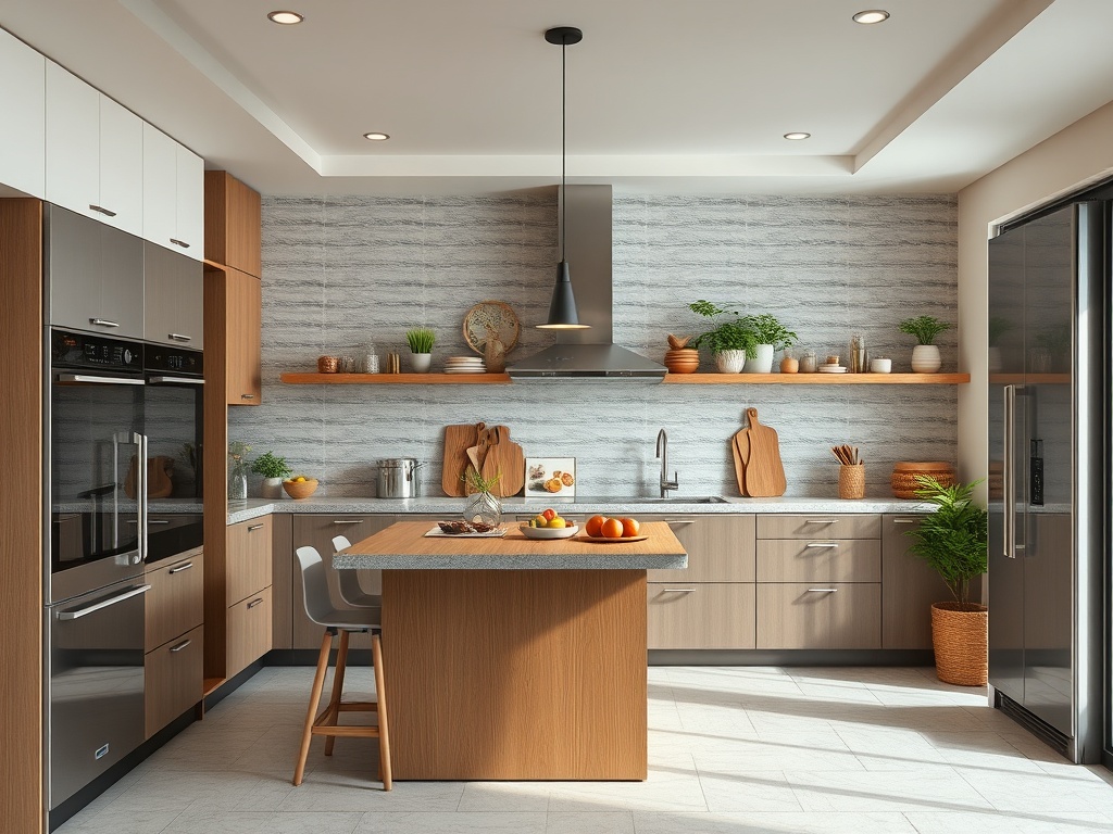 Современная кухня с деревянными шкафами, столом, фруктами и зелеными растениями на полках. Светлое и уютное пространство.