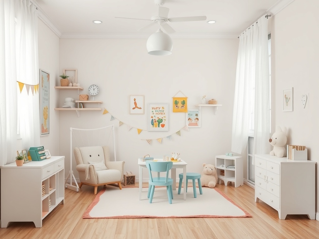 Уютная детская комната с мягкой мебелью, игрушками и яркими декорациями на стенах.
