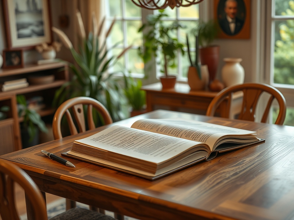 Открытая книга на столе, рядом ручка, растения и уютная обстановка с мягким светом через окно.