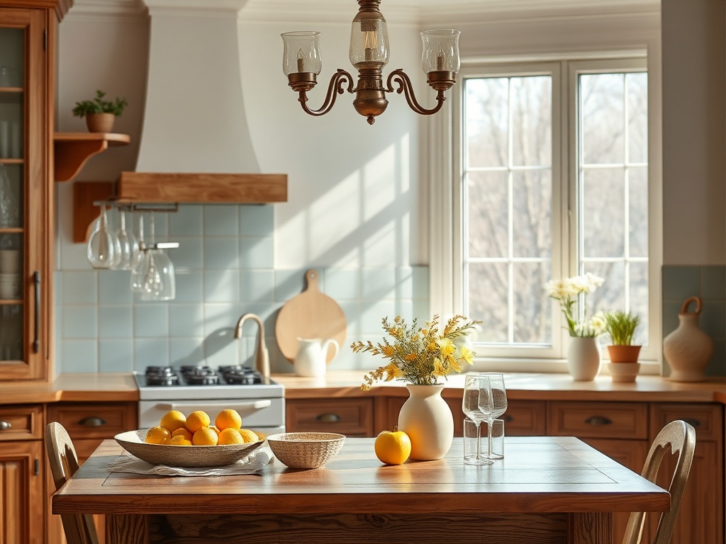 Светлая кухня с деревянной мебелью, фруктами и цветами на столе, большие окна с видом на улицу.